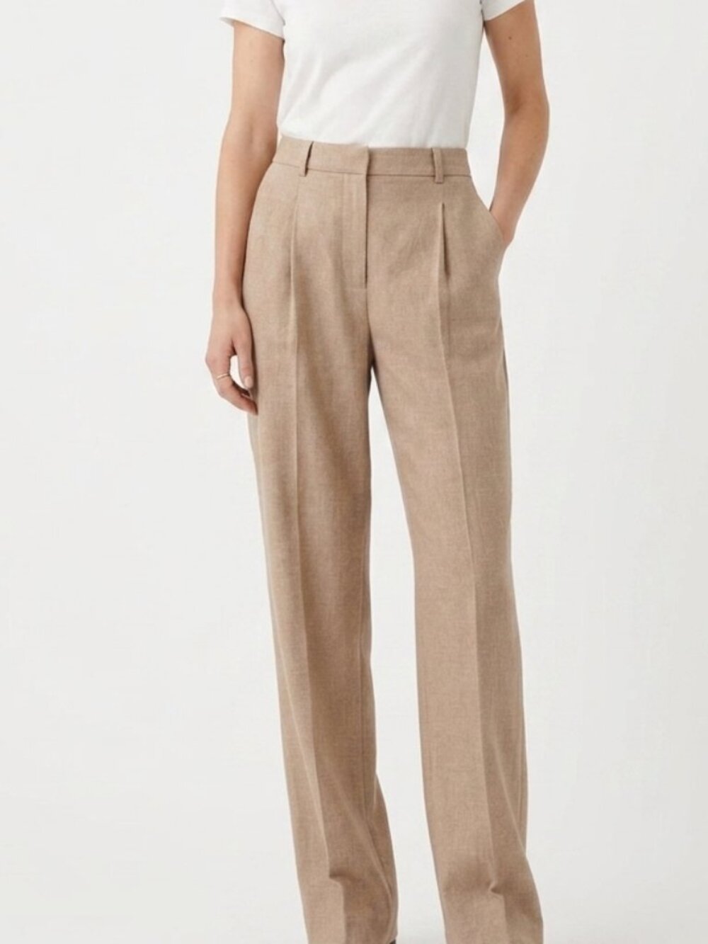 HOUSE OF HARLOW BEIGE TEXTURED HIGH RISE PLEATED FRONT STRAIGHT LEG TROUSERS